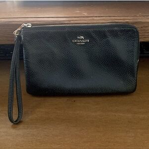 Coach Pebbled Black Leather Double Zipper Wristlet With Silver Hardware